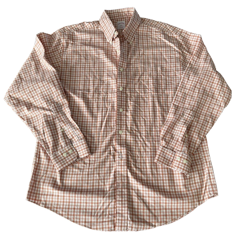 Brooks Brothers 346 Men Size LR Orange White Check Regular Fit Long Sleeve Shirt